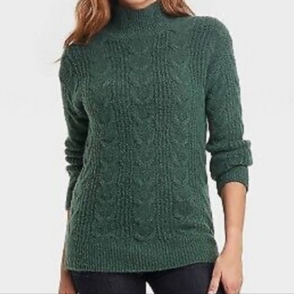 Knox Rose Modest Sweet Twee XL Fuzzy Cableknit Mock Neck Sweater Green
